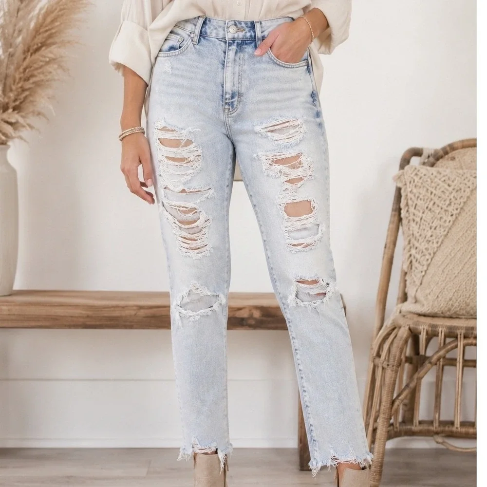 H&M &Denim Womens High Waist Super Skinny Distressed Jeans Light Wash Size 12